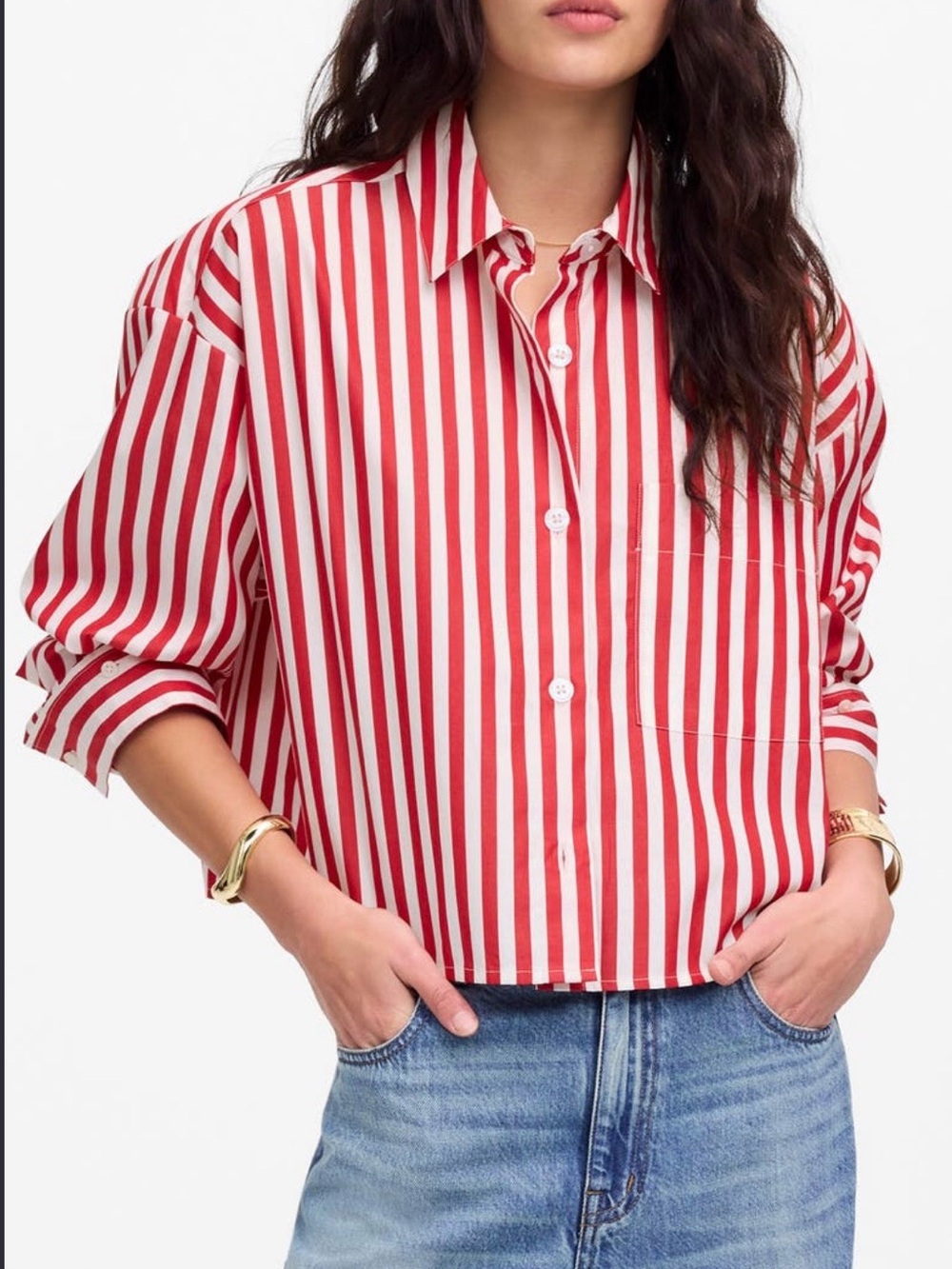 Madewell Poplin Crop Straight Hem Shirt Red White Striped Button Down Medium M
